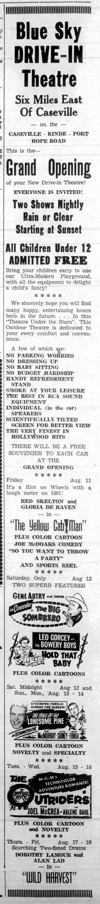 Blue Sky Drive-In Theatre - Aug 1950 Opening Ad (newer photo)